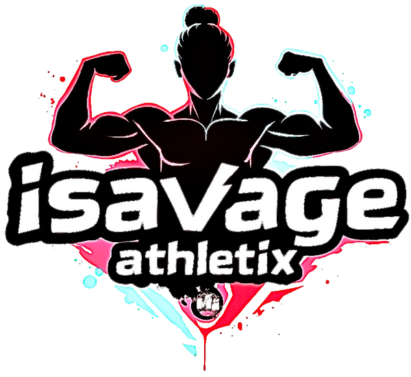 Logo of isavage athletix with a silhouette of a muscular figure flexing muscles.